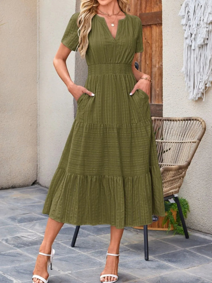 Tiered Notched Short Sleeve Dress - Easy Pickins Store