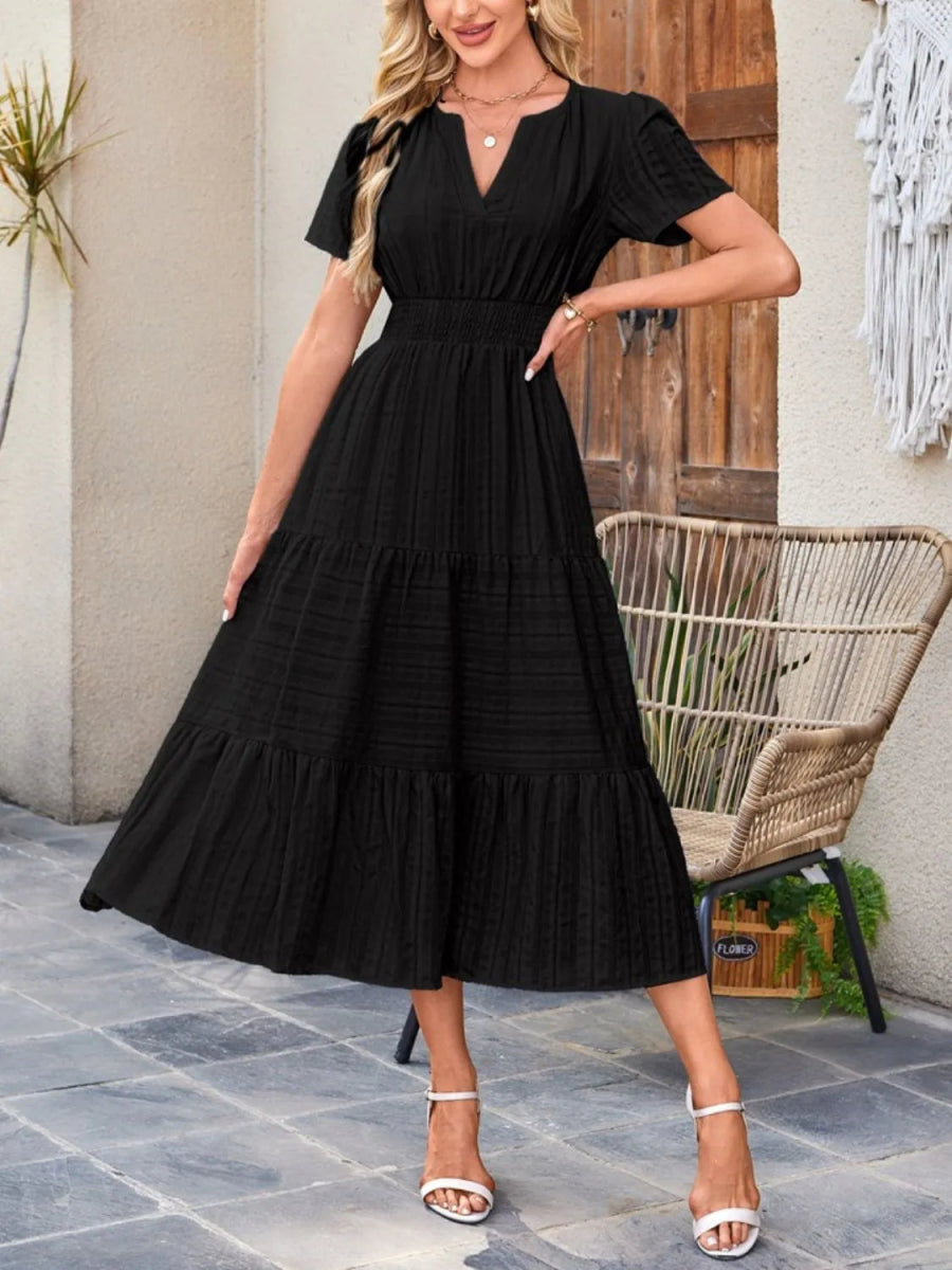 Tiered Notched Short Sleeve Dress - Easy Pickins Store