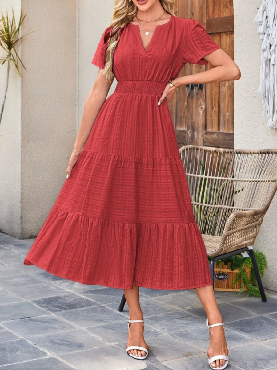 Tiered Notched Short Sleeve Dress - Easy Pickins Store
