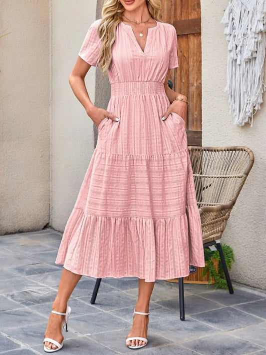 Tiered Notched Short Sleeve Dress - Easy Pickins Store