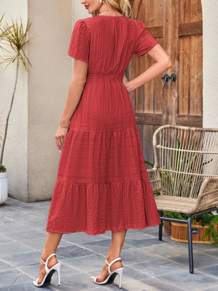 Tiered Notched Short Sleeve Dress - Easy Pickins Store
