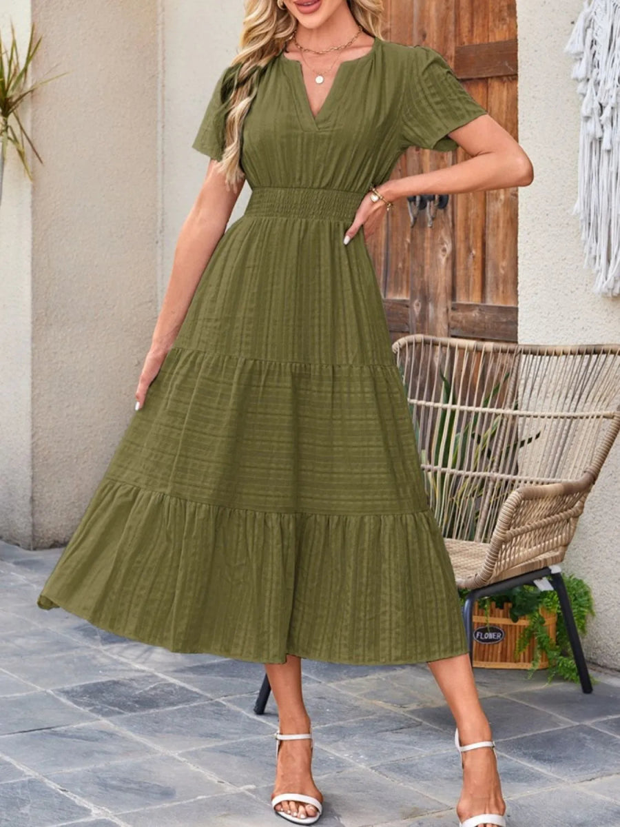 Tiered Notched Short Sleeve Dress - Easy Pickins Store