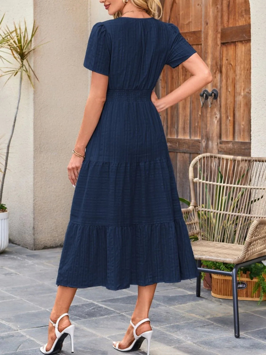 Tiered Notched Short Sleeve Dress - Easy Pickins Store