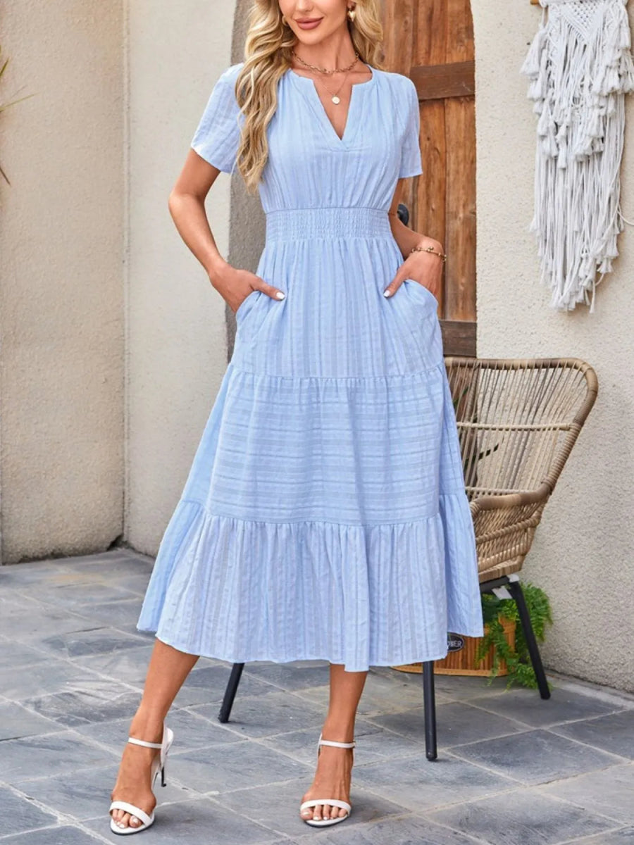 Tiered Notched Short Sleeve Dress - Easy Pickins Store