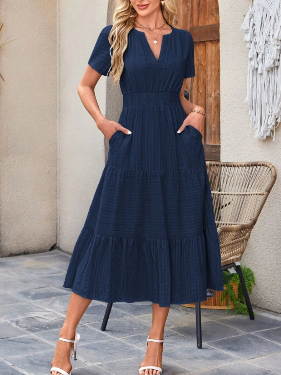 Tiered Notched Short Sleeve Dress - Easy Pickins Store