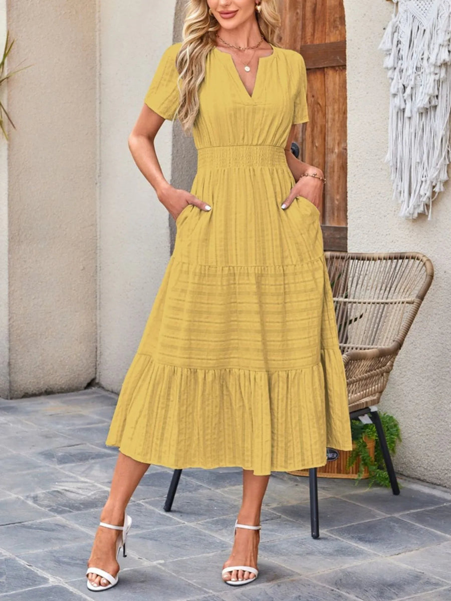 Tiered Notched Short Sleeve Dress - Easy Pickins Store