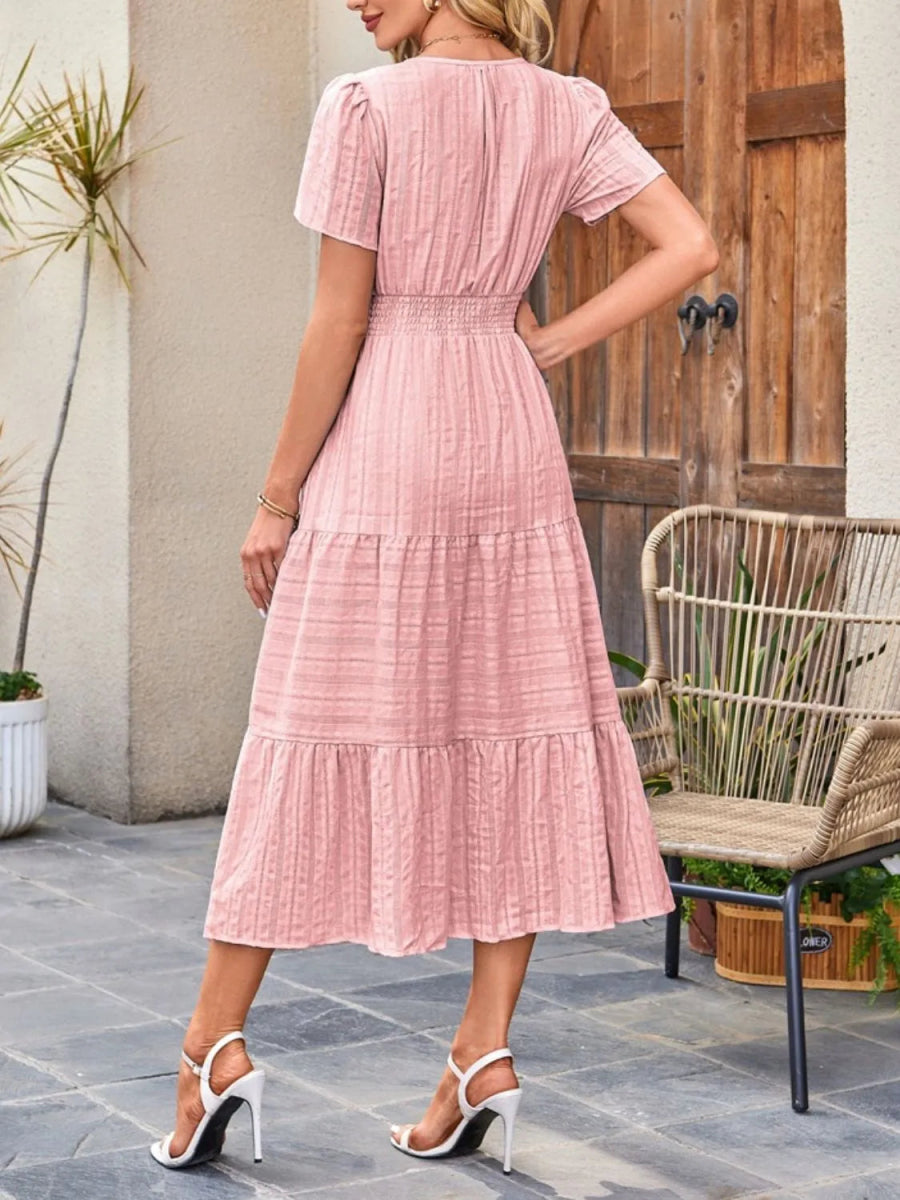 Tiered Notched Short Sleeve Dress - Easy Pickins Store