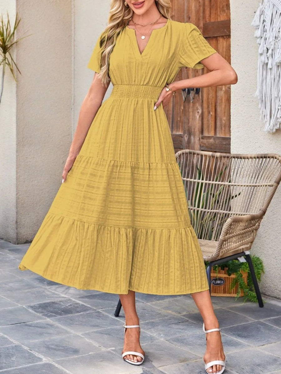 Tiered Notched Short Sleeve Dress - Easy Pickins Store