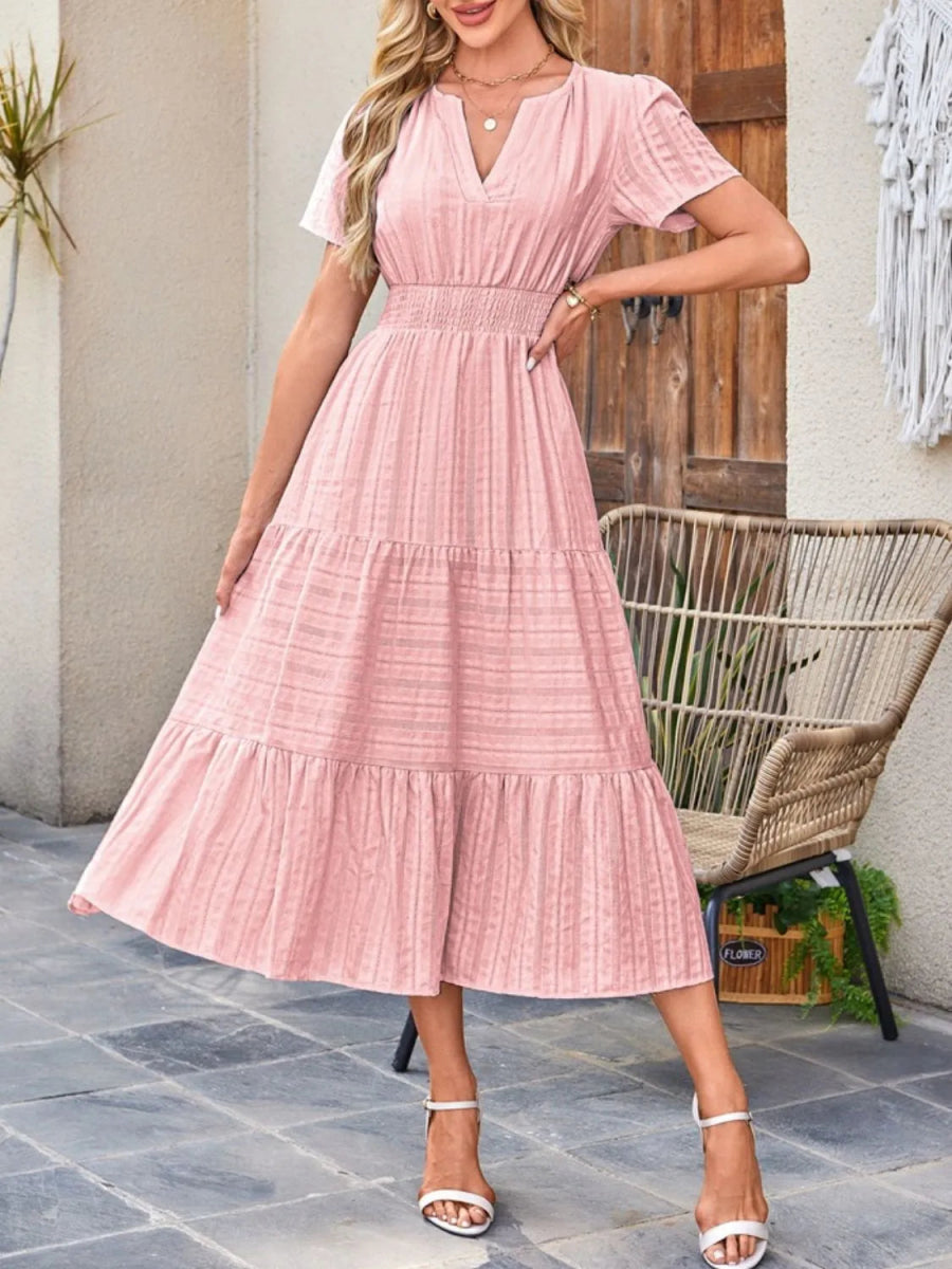 Tiered Notched Short Sleeve Dress - Easy Pickins Store