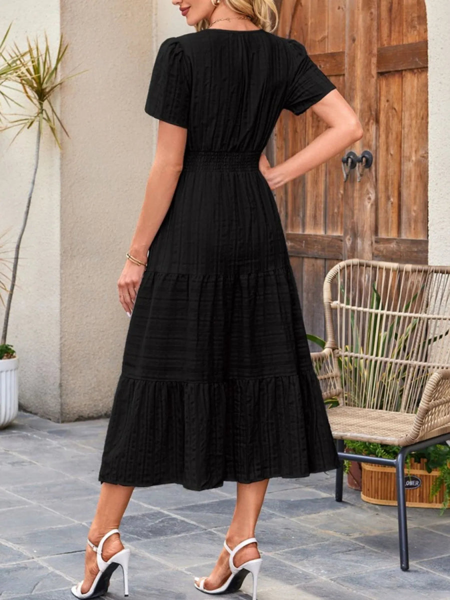 Tiered Notched Short Sleeve Dress - Easy Pickins Store