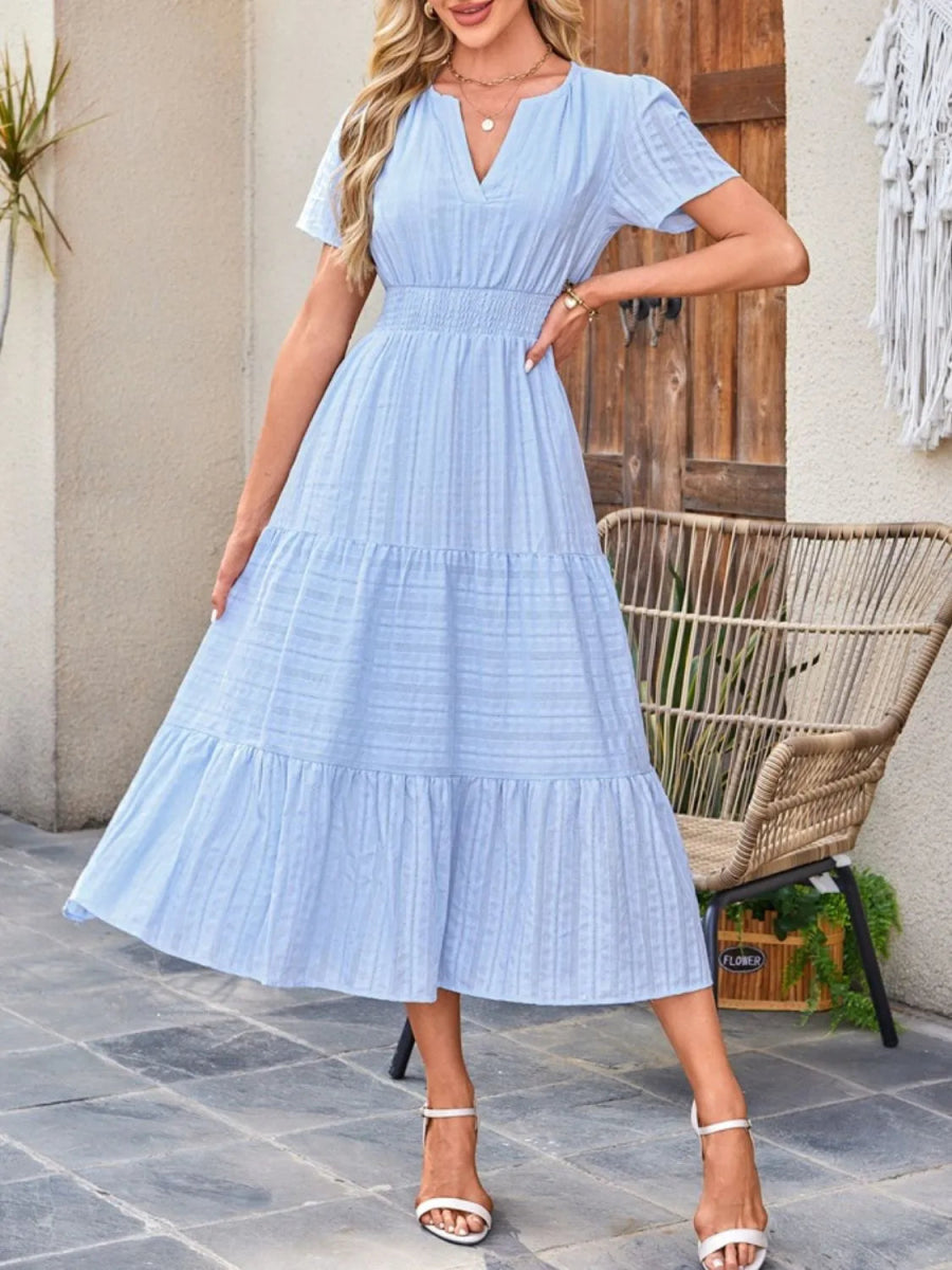 Tiered Notched Short Sleeve Dress - Easy Pickins Store
