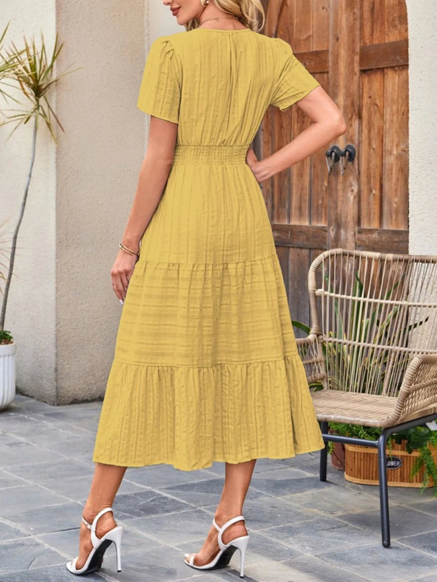 Tiered Notched Short Sleeve Dress - Easy Pickins Store