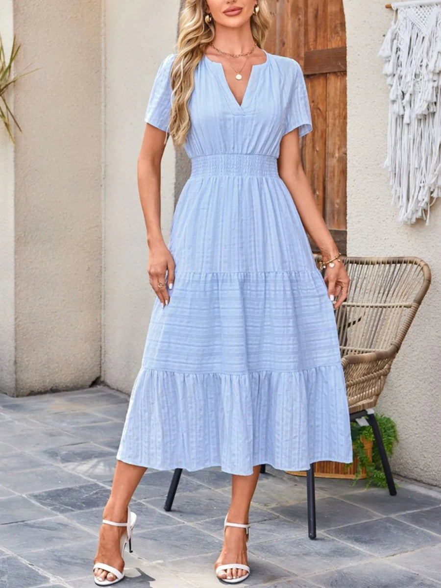 Tiered Notched Short Sleeve Dress - Easy Pickins Store