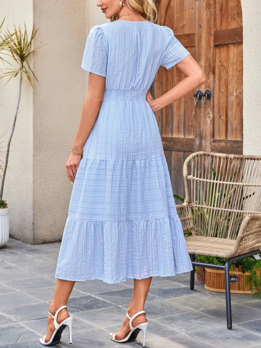 Tiered Notched Short Sleeve Dress - Easy Pickins Store