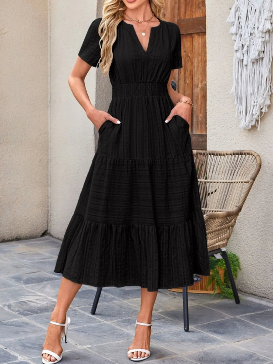 Tiered Notched Short Sleeve Dress - Easy Pickins Store