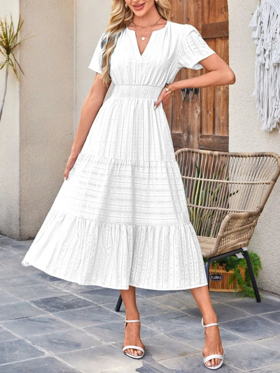 Tiered Notched Short Sleeve Dress - Easy Pickins Store