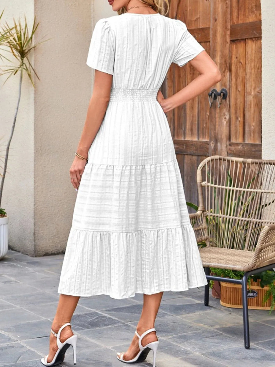 Tiered Notched Short Sleeve Dress - Easy Pickins Store