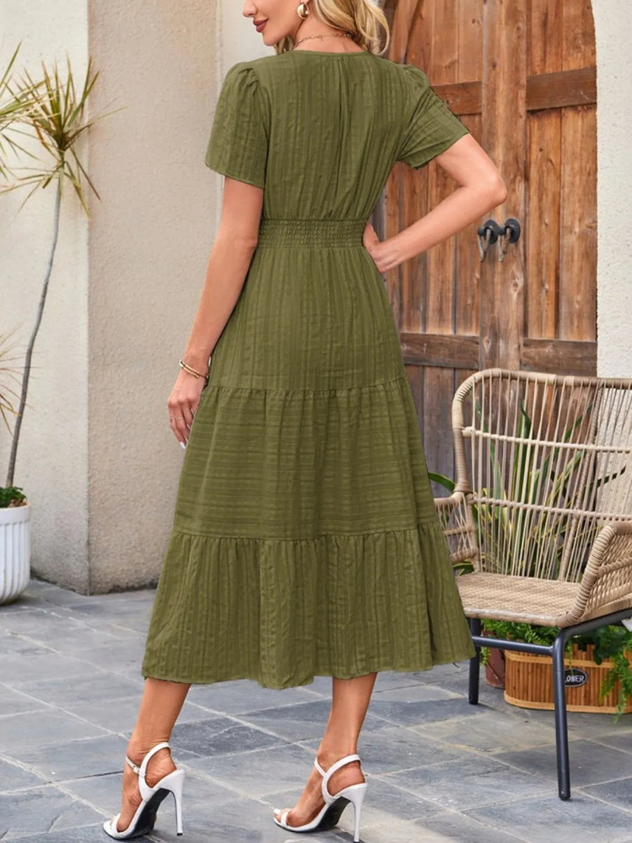 Tiered Notched Short Sleeve Dress - Easy Pickins Store