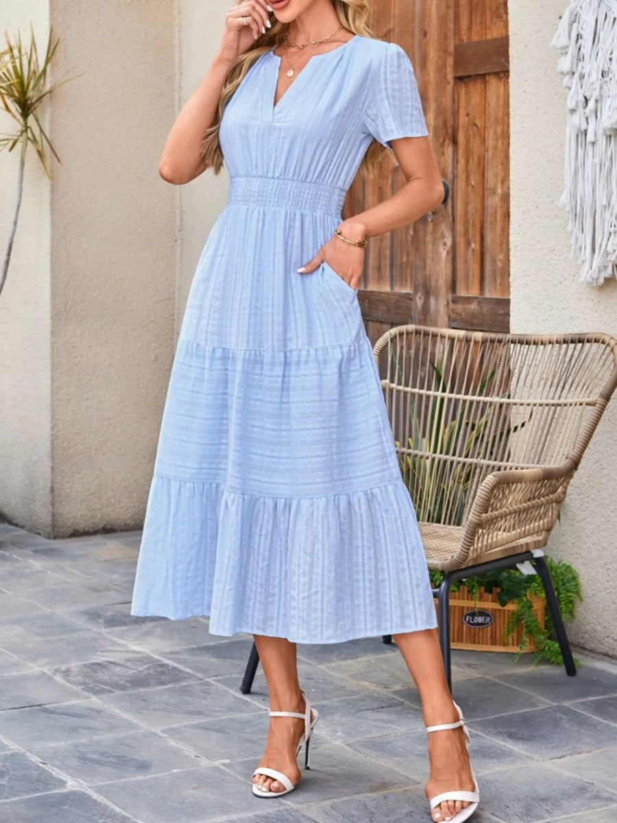 Tiered Notched Short Sleeve Dress - Easy Pickins Store