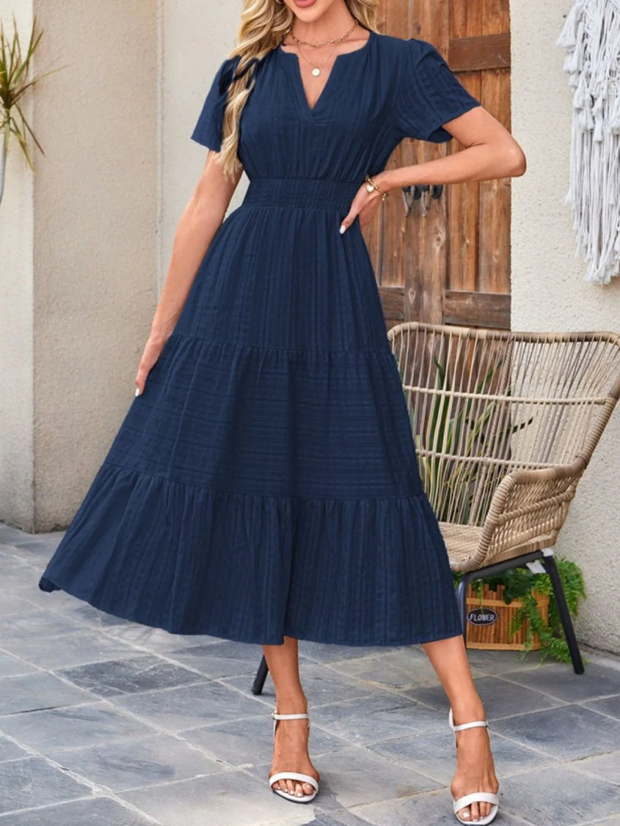 Tiered Notched Short Sleeve Dress - Easy Pickins Store
