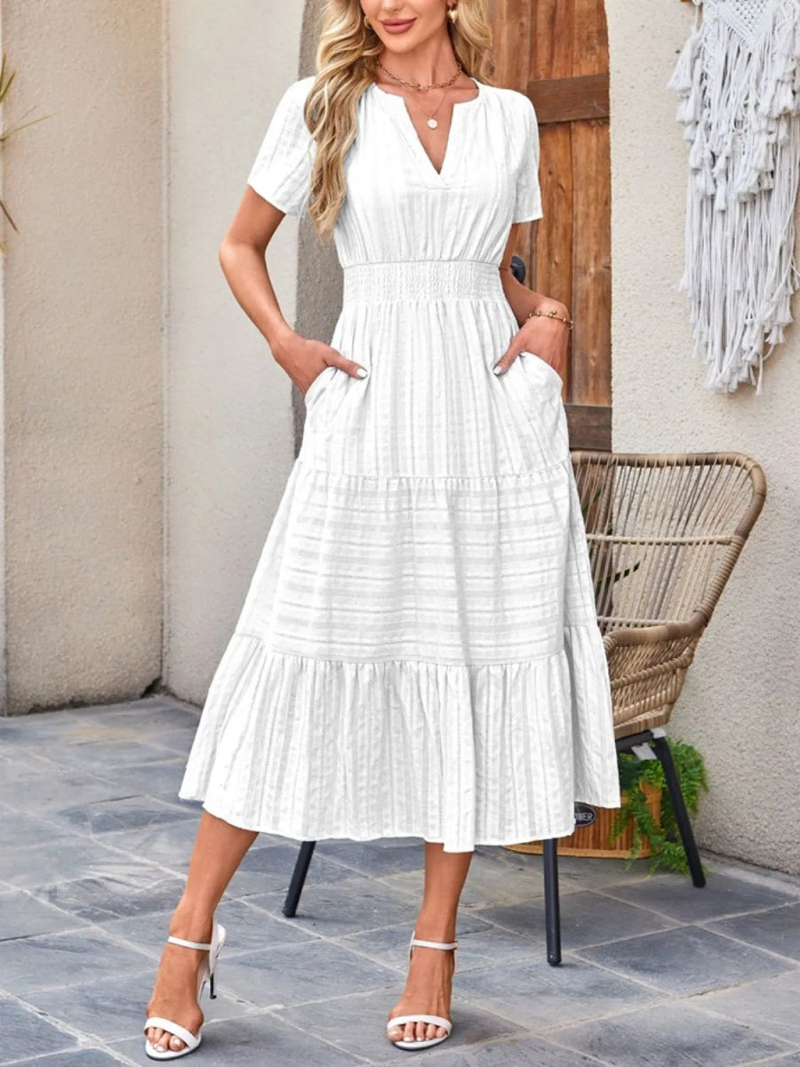 Tiered Notched Short Sleeve Dress - Easy Pickins Store