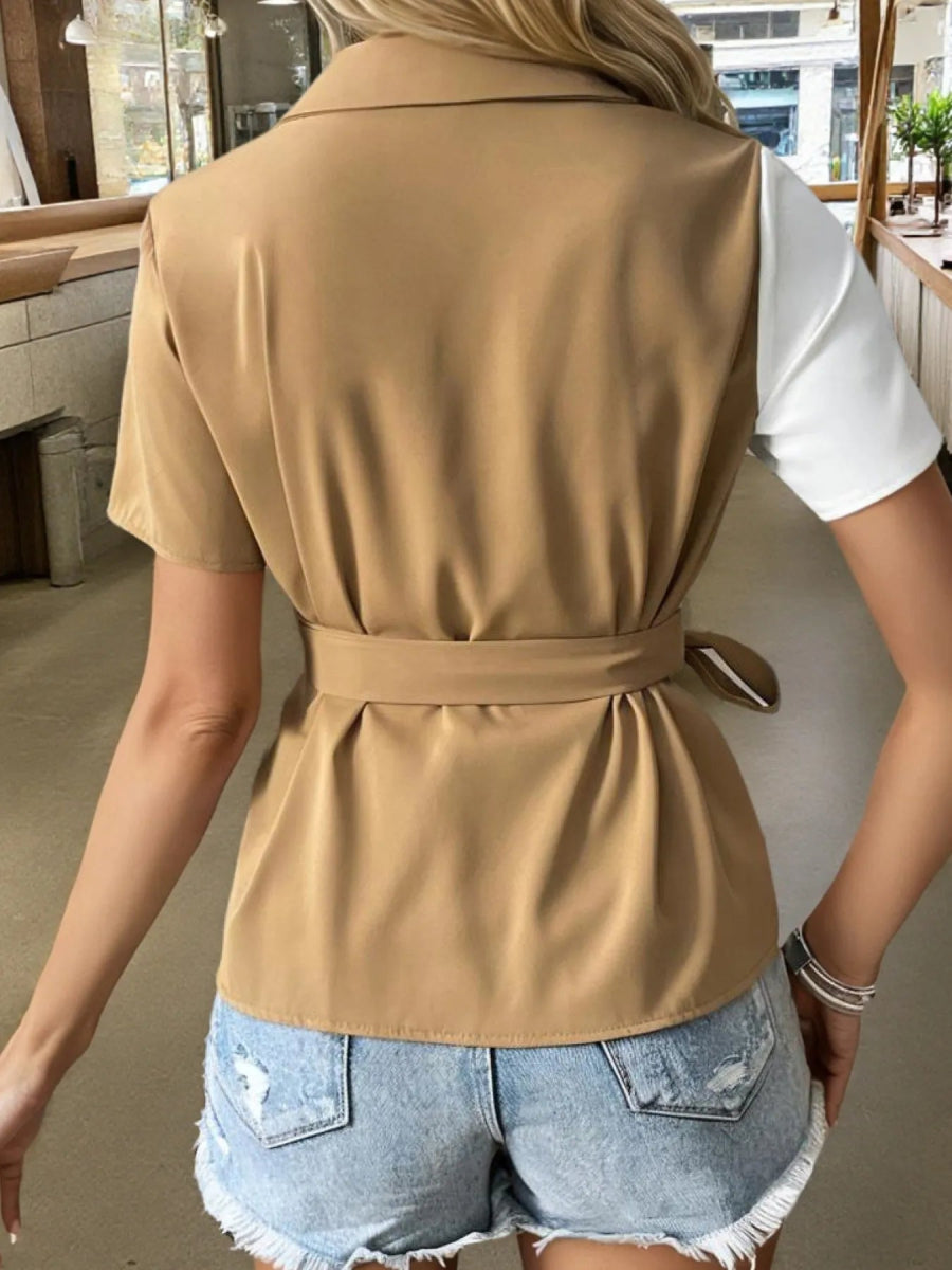 Two - Tone Short Sleeve Blouse with Tie Waist - Easy Pickins Store