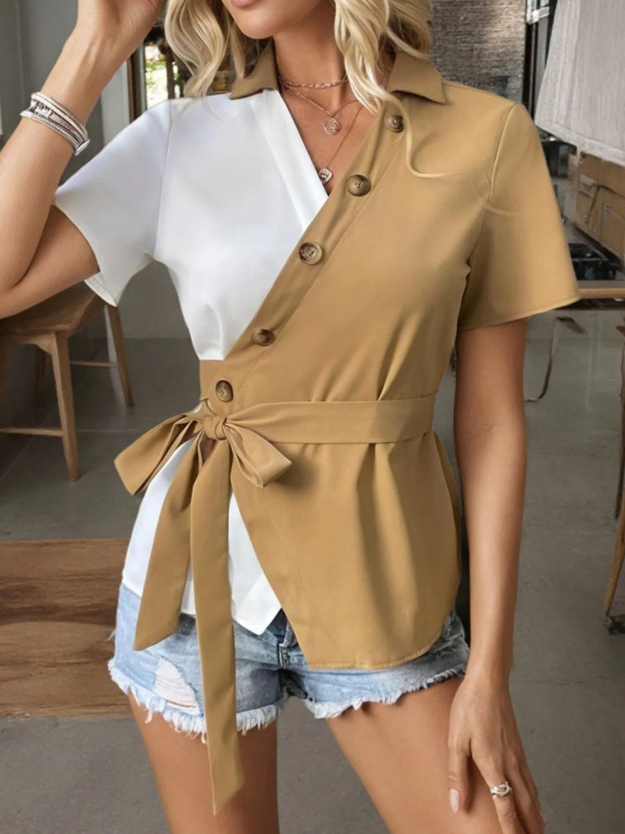 Two - Tone Short Sleeve Blouse with Tie Waist - Easy Pickins Store