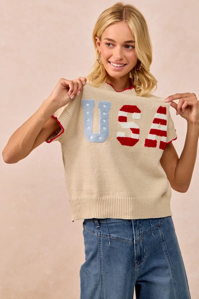 USA Patchwork Sweater Vest Top With Contrast Detail - Easy Pickins Store