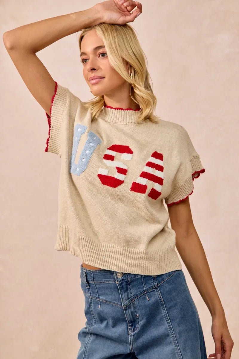 USA Patchwork Sweater Vest Top With Contrast Detail - Easy Pickins Store
