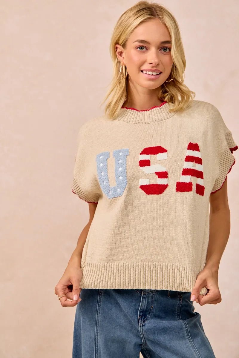 USA Patchwork Sweater Vest Top With Contrast Detail - Easy Pickins Store