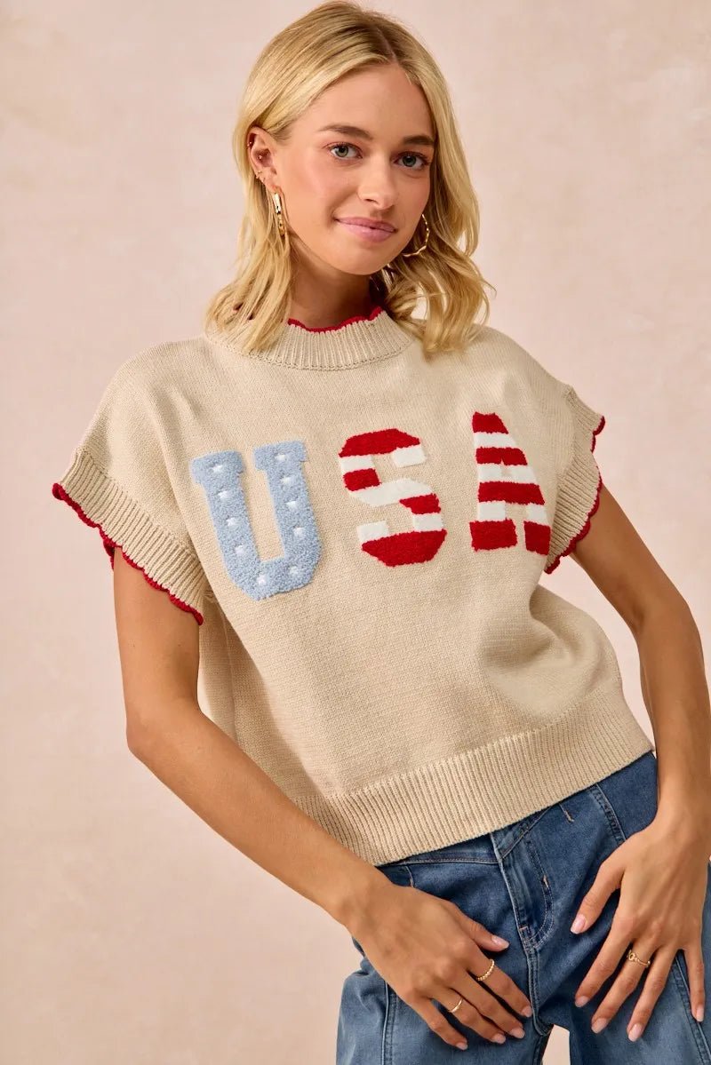 USA Patchwork Sweater Vest Top With Contrast Detail - Easy Pickins Store