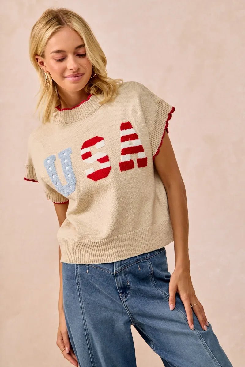 USA Patchwork Sweater Vest Top With Contrast Detail - Easy Pickins Store