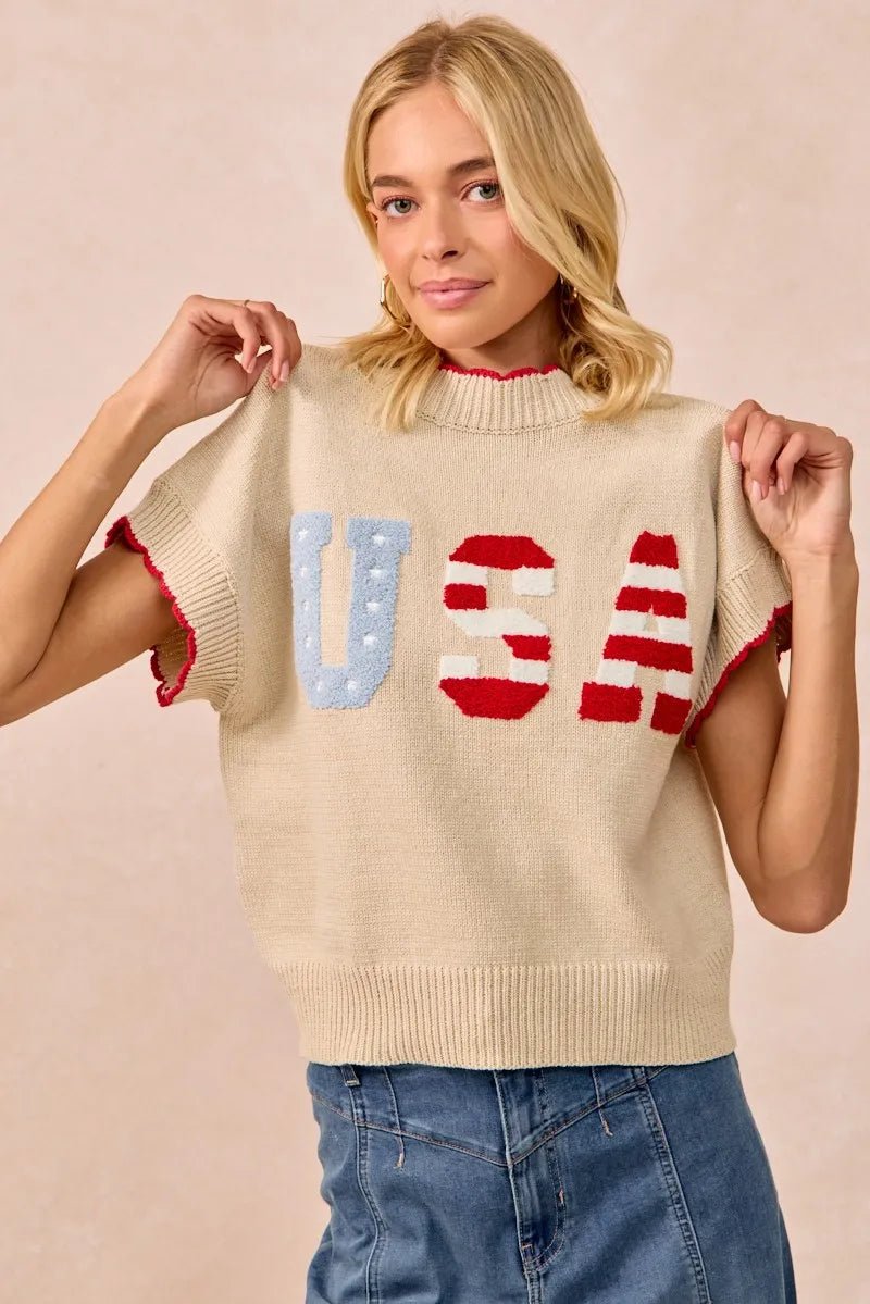 USA Patchwork Sweater Vest Top With Contrast Detail - Easy Pickins Store