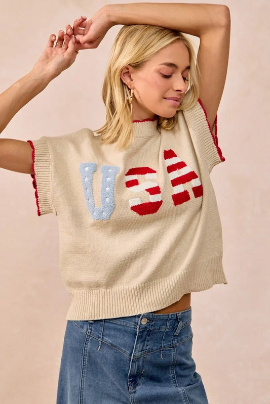 USA Patchwork Sweater Vest Top With Contrast Detail - Easy Pickins Store