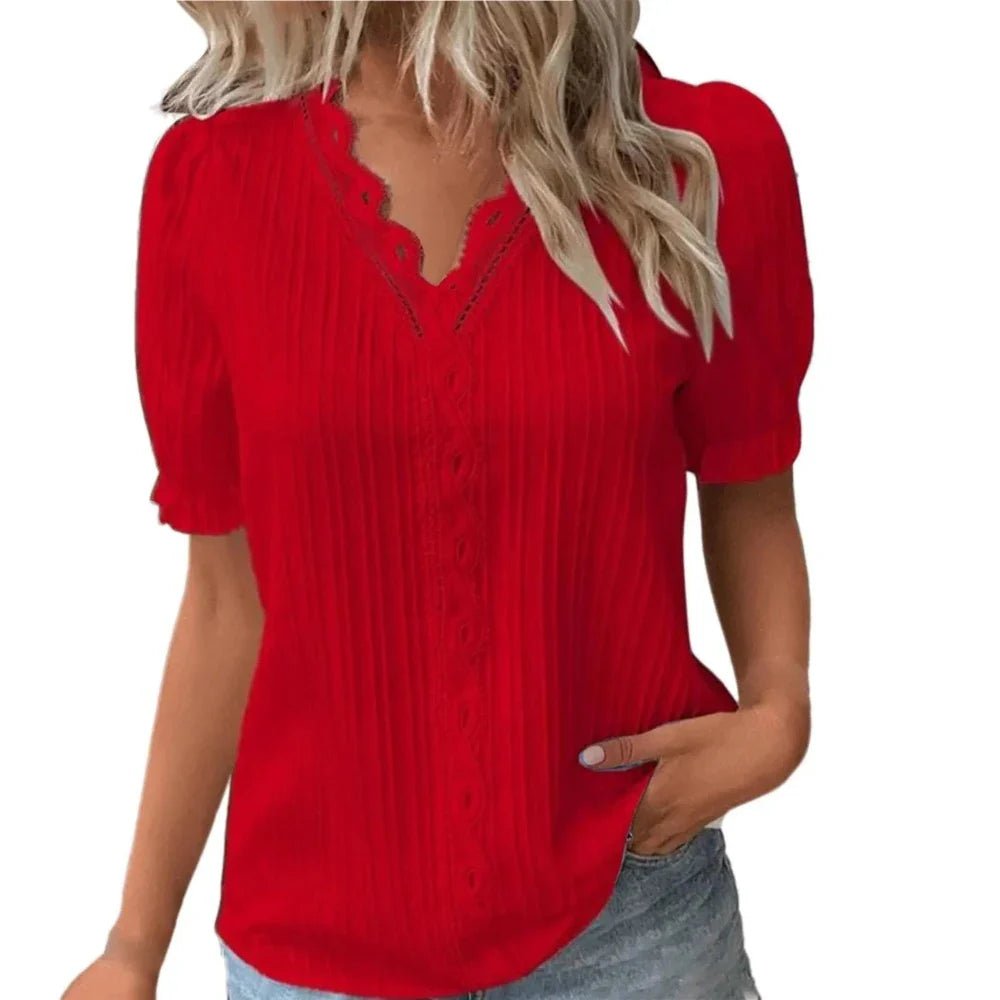 V - Neck Hollow Short Sleeve Splice Loose Street Blouse - Easy Pickins Store