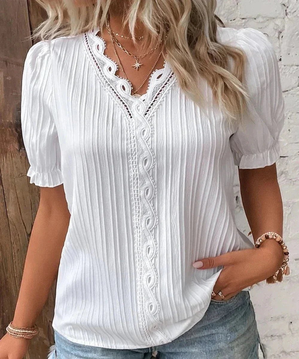V - Neck Hollow Short Sleeve Splice Loose Street Blouse - Easy Pickins Store