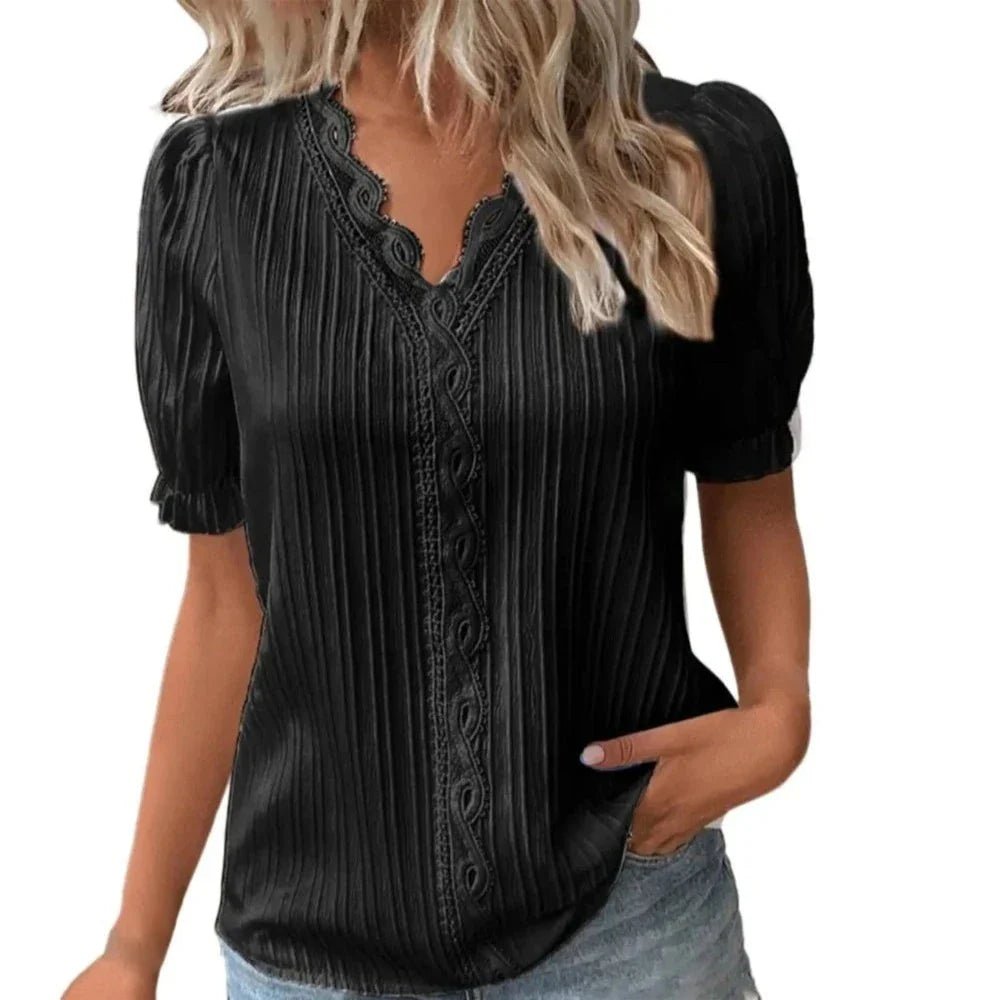 V - Neck Hollow Short Sleeve Splice Loose Street Blouse - Easy Pickins Store
