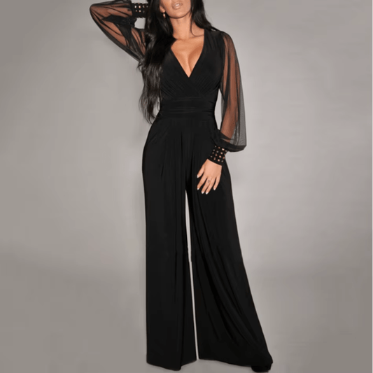 V neck Mesh Long Sleeve Lace up Black Jumpsuit - Easy Pickins Store