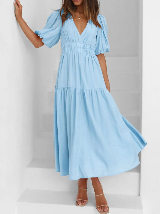 V - Neck Puff Sleeve Midi Dress - Easy Pickins Store