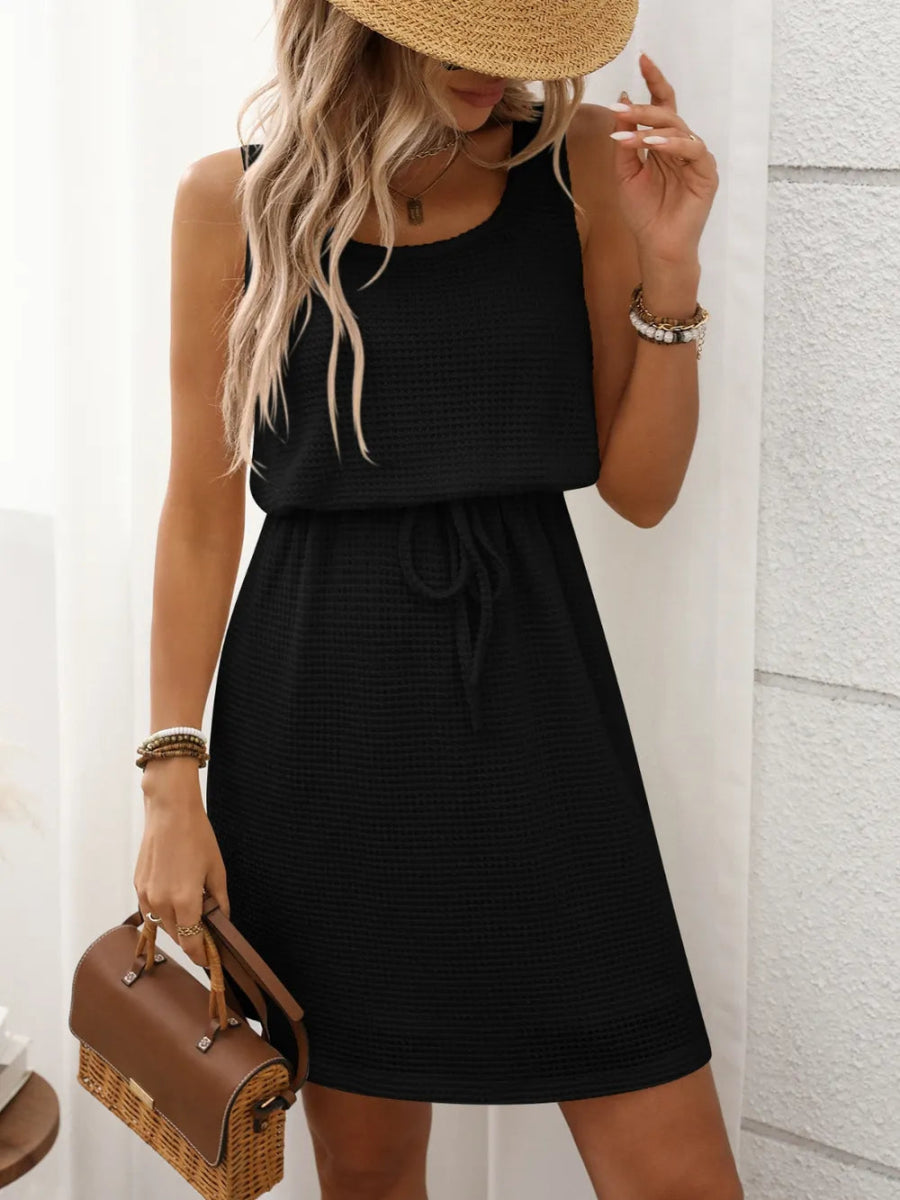 Waffle - Knit Drawstring Mini Tank Dress - Easy Pickins Store