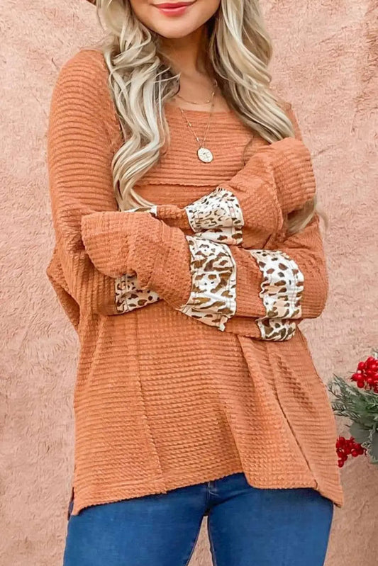 Waffle - Knit Leopard Long Sleeve Slit Blouse - Easy Pickins Store