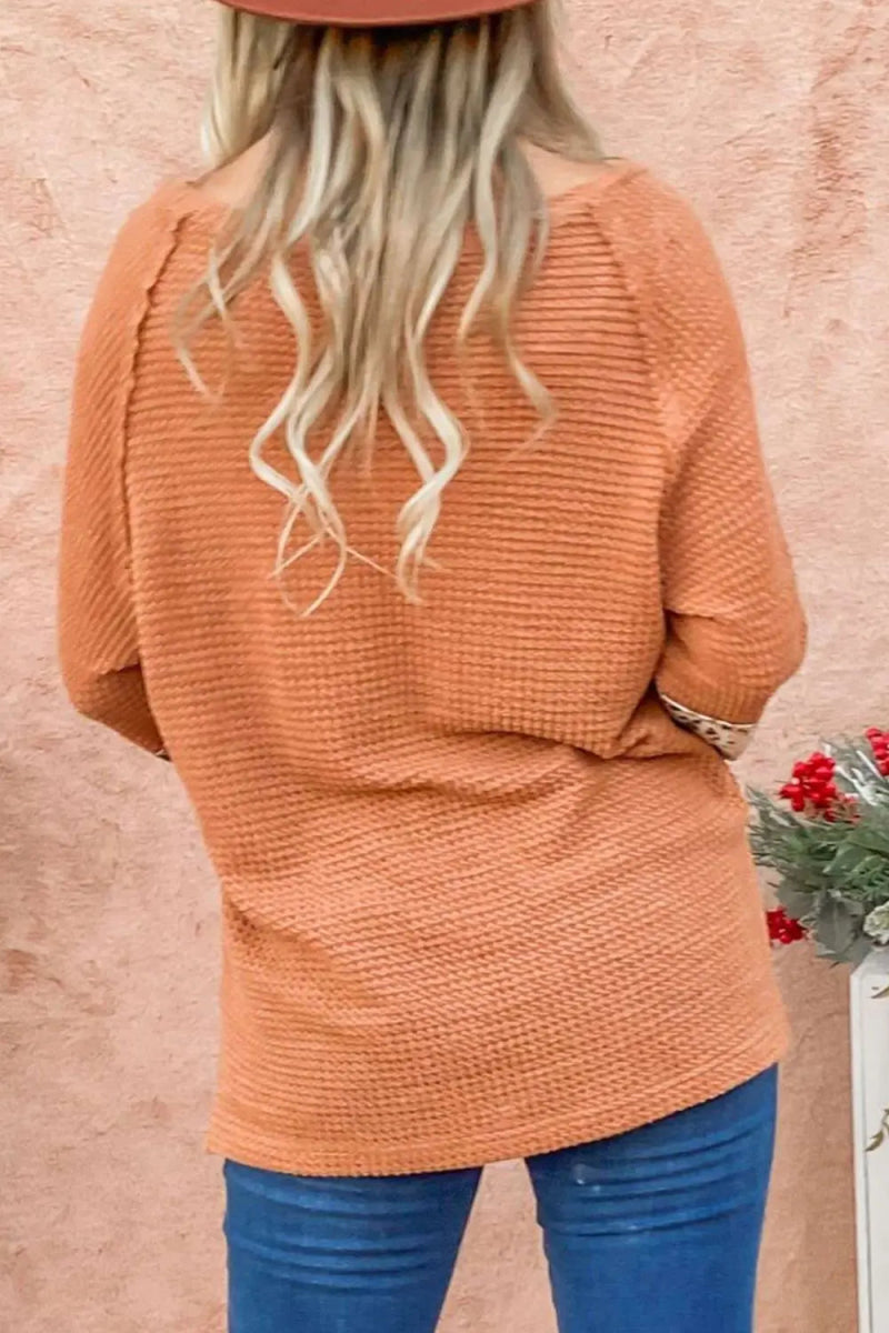 Waffle - Knit Leopard Long Sleeve Slit Blouse - Easy Pickins Store