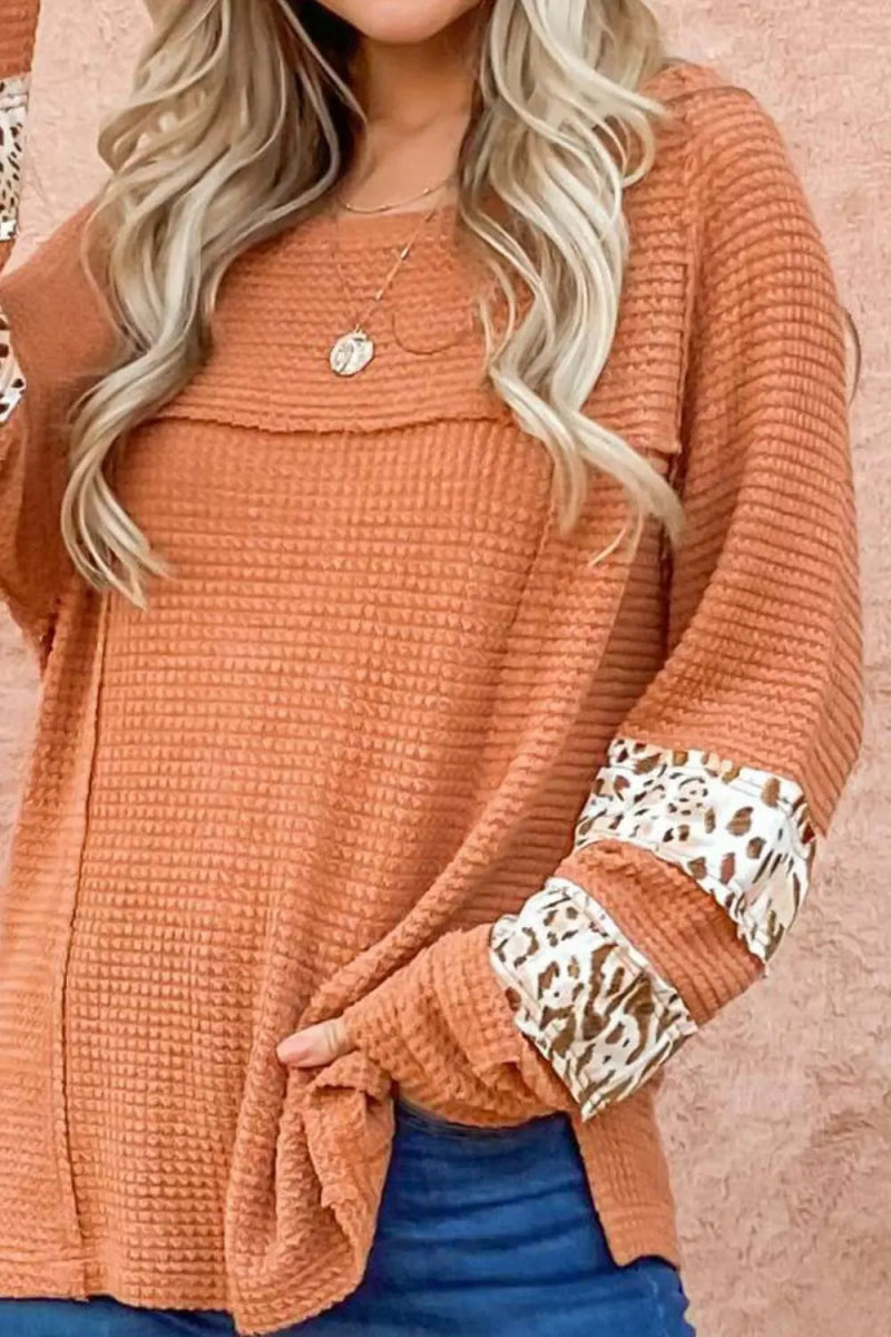 Waffle - Knit Leopard Long Sleeve Slit Blouse - Easy Pickins Store