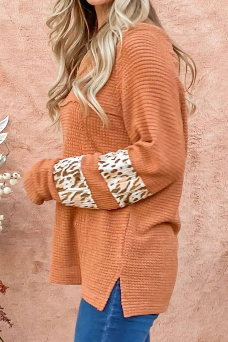 Waffle - Knit Leopard Long Sleeve Slit Blouse - Easy Pickins Store