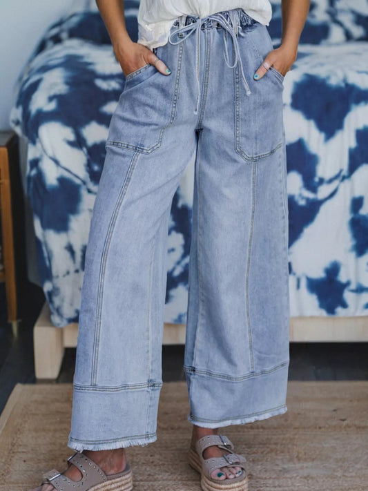 Wide Leg Drawstring Raw Hem Jeans - Easy Pickins Store