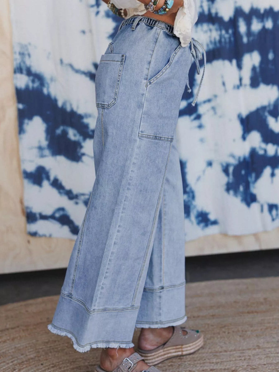 Wide Leg Drawstring Raw Hem Jeans - Easy Pickins Store