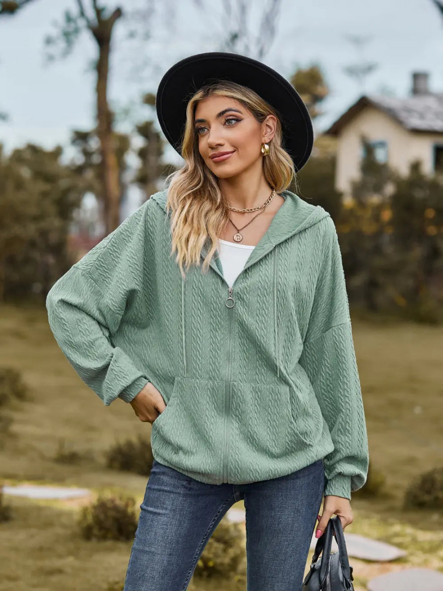 Zip Up Drawstring Long Sleeve Hooded Jacket - Easy Pickins Store