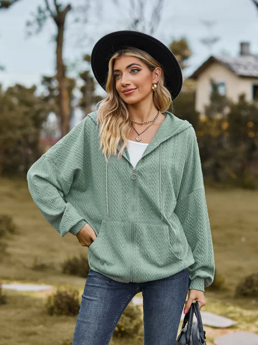 Zip Up Drawstring Long Sleeve Hooded Jacket - Easy Pickins Store