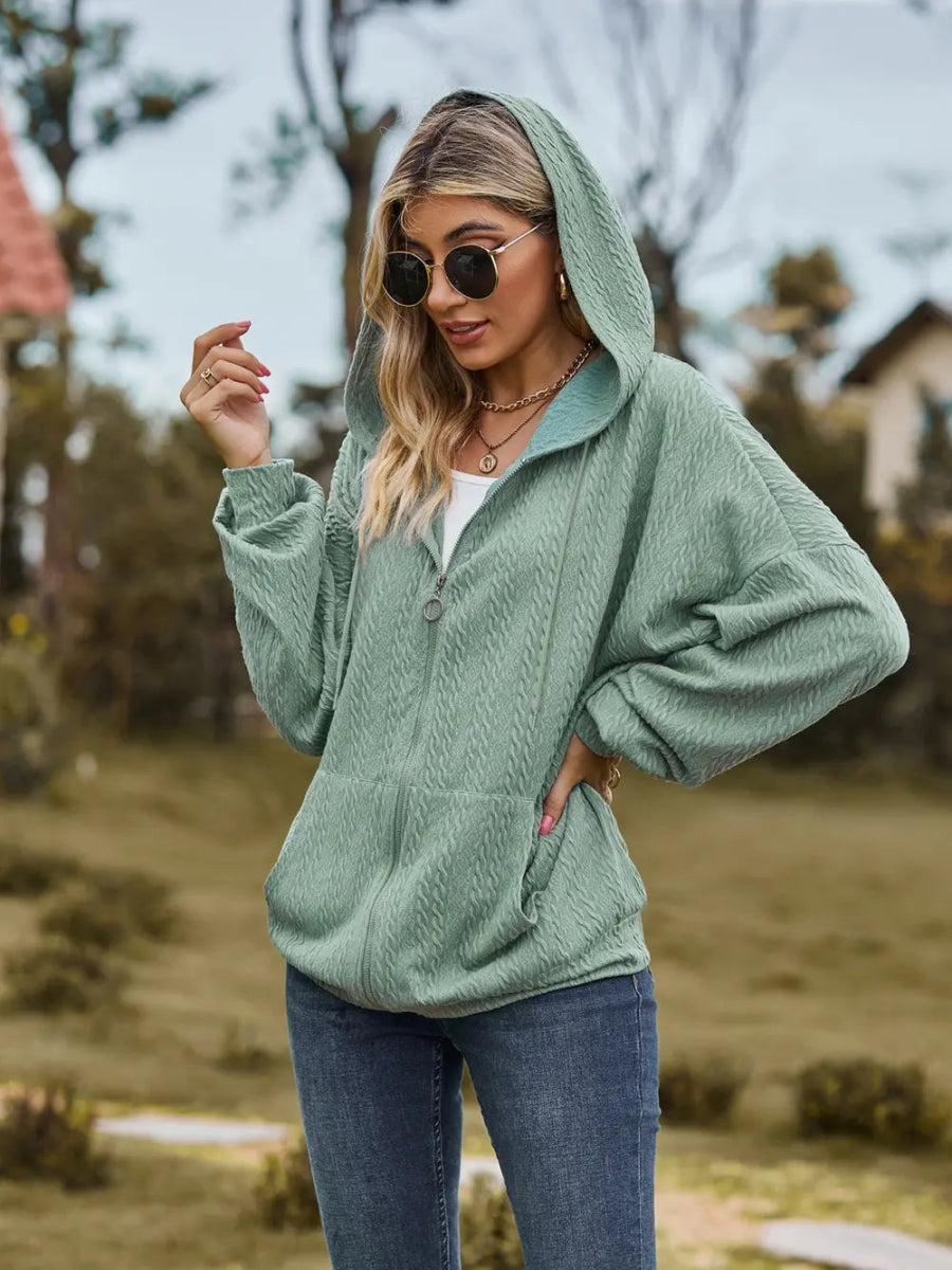 Zip Up Drawstring Long Sleeve Hooded Jacket - Easy Pickins Store