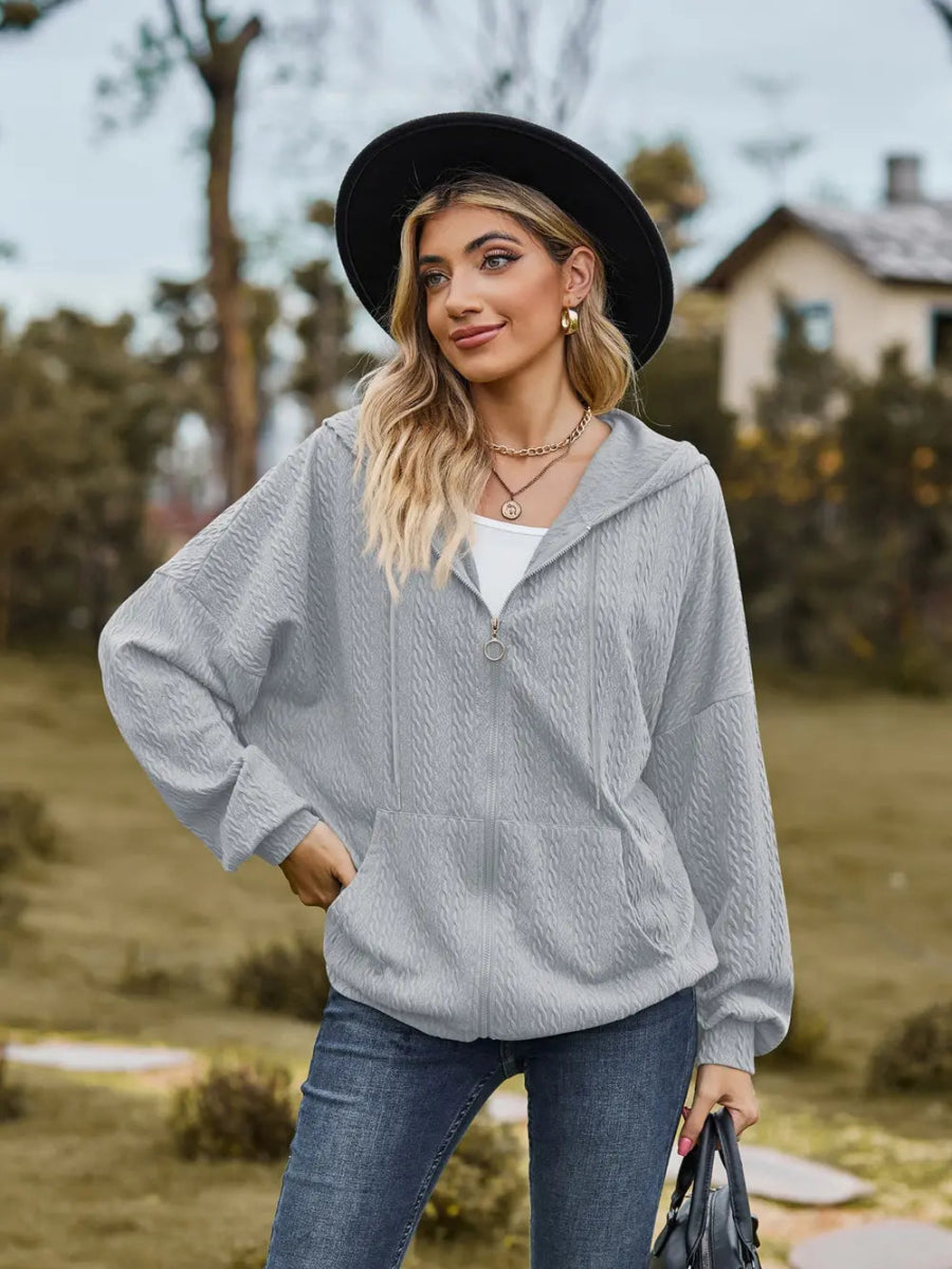 Zip Up Drawstring Long Sleeve Hooded Jacket - Easy Pickins Store